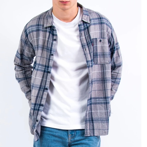 Levi’s size M blue & grey plaid 100% Cotton button up long sleeve flannel shirt - Picture 4 of 16